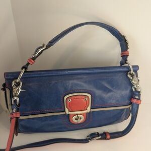 Coach 70th Anniversary Legacy Willis (Style 19035) In Blue And Coral W/ Stripes